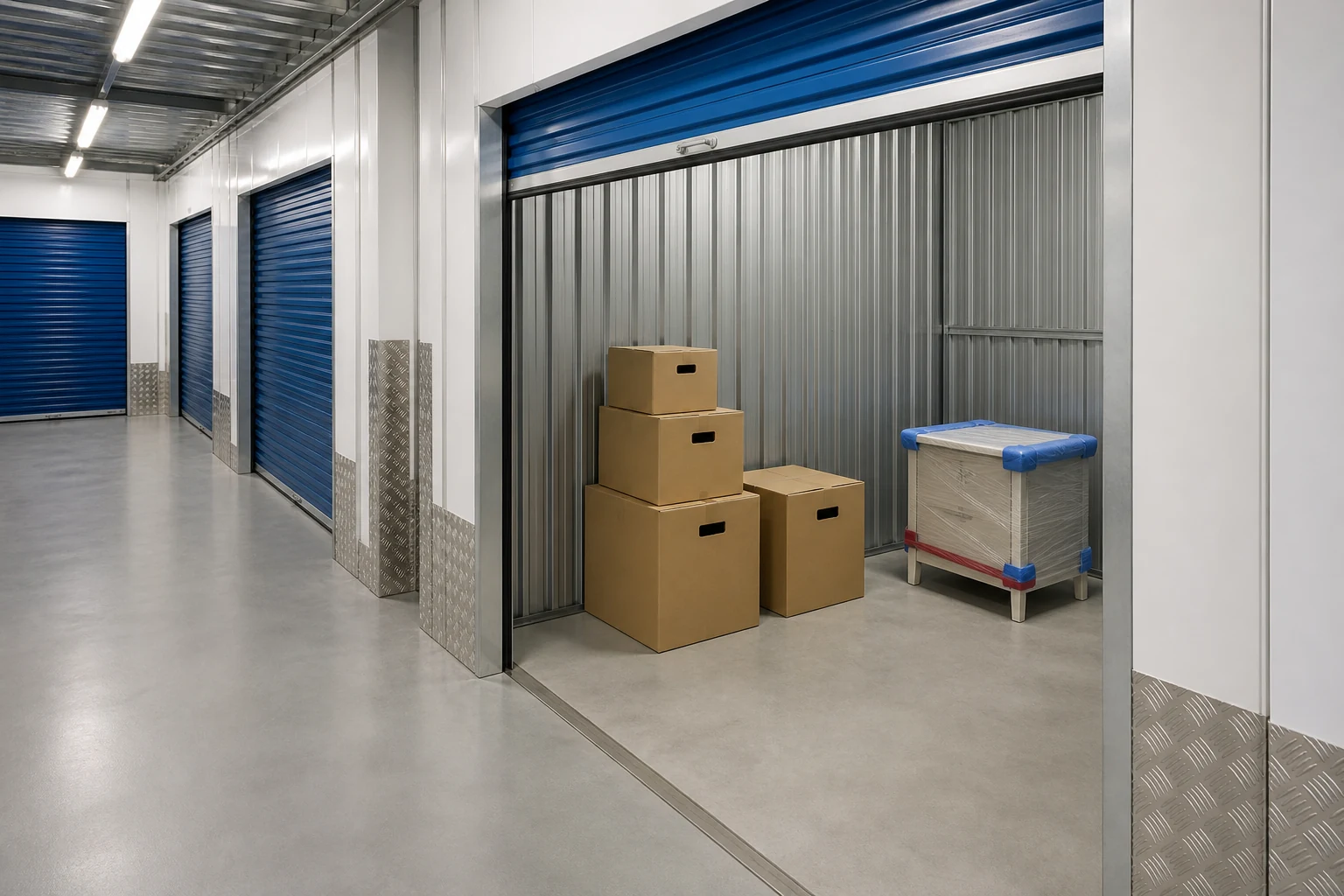 Neatly stacked boxes and furniture inside a clean storage unit