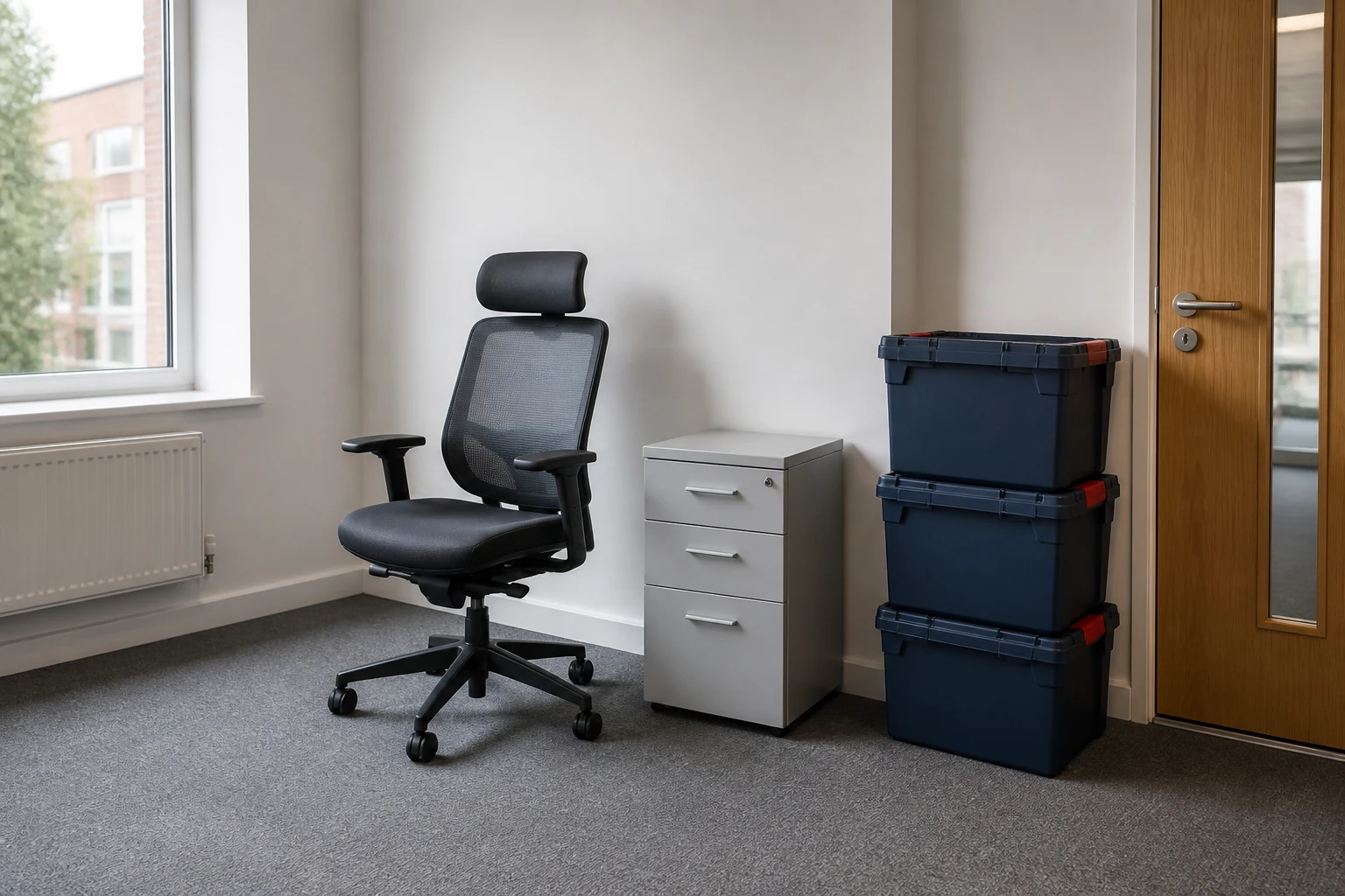 Office chair, cabinet and moving crates arranged for a small office move