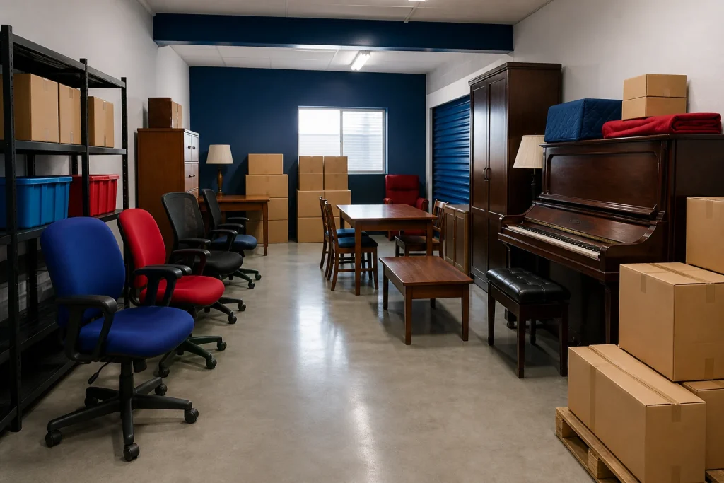 Stored furniture office items and piano arranged neatly