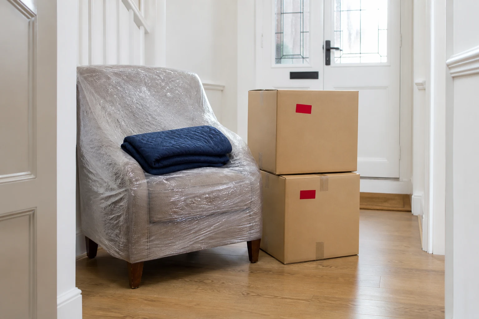 Wrapped armchair and two boxes waiting near a front door