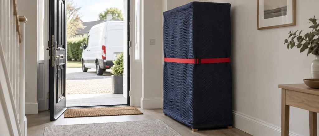 Carefully wrapped large item ready for delivery from a clean home entrance