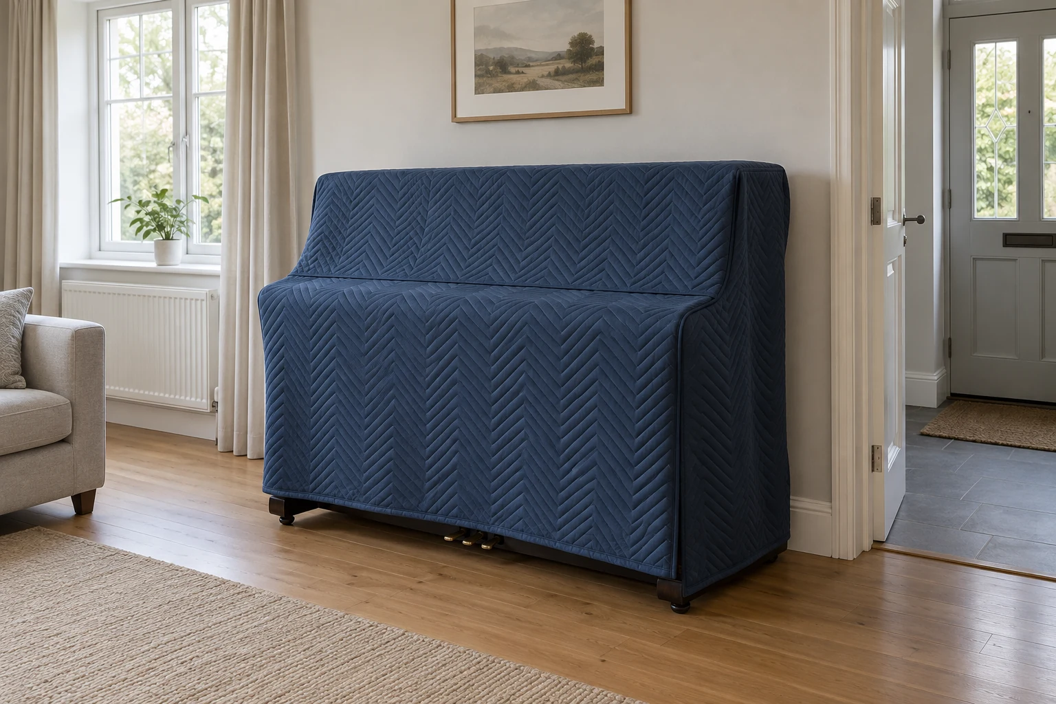 Protected upright piano ready for careful delivery in a tidy room